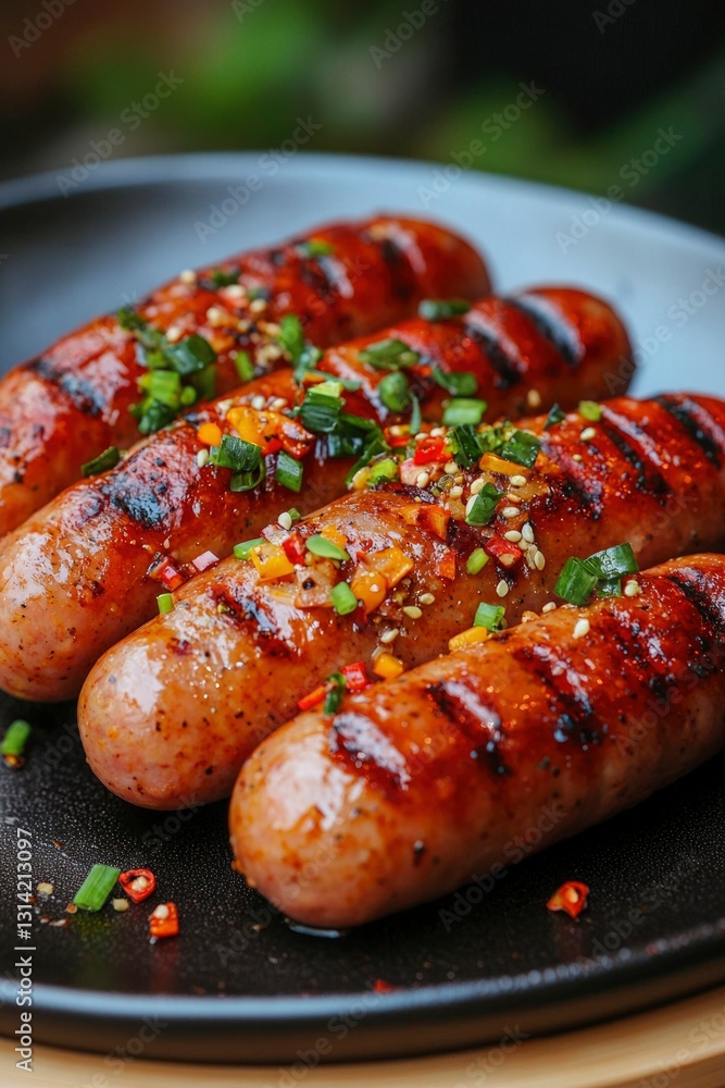 Grilled Sausages on a Dark Plate Grilled Sausages on a Dark Plate