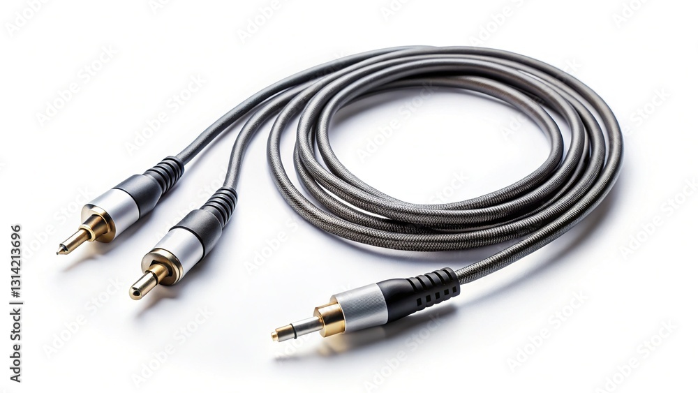 High-Angle View of Audio Cables, Flat Lay, White Background, Copy Space High-Angle View of Audio Cables, Flat Lay, White Background, Copy Space