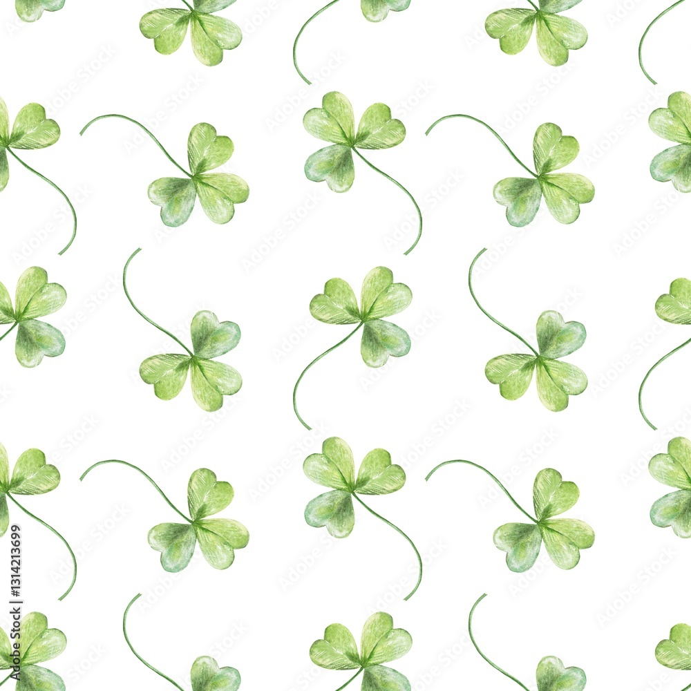 Green clover leaves, seamless pattern. Symbols of St. Patricks Day holiday. Hand drawn watercolor illustration. For greeting cards, wrapping paper, textile, covers, fabric, wallpaper. Green clover leaves, seamless pattern. Symbols of St. Patricks Day holiday. Hand drawn watercolor illustration. For greeting cards, wrapping paper, textile, covers, fabric, wallpaper.