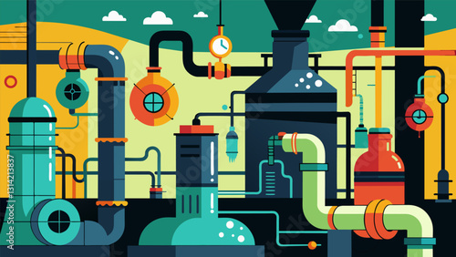 The facilitys interior is a maze of pipes valves and tanks all working together to transform black sludge into valuable commodities.. Vector illustration