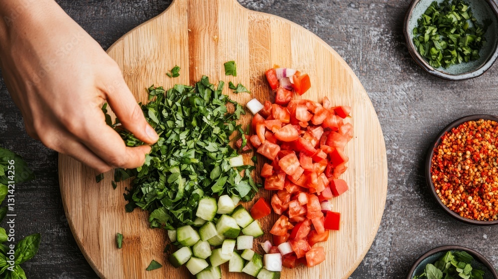 Garden to Table concept. Hands Preparing Fresh Ingredients on Wooden Cutting Board in Soft Focus Image Garden to Table concept. Hands Preparing Fresh Ingredients on Wooden Cutting Board in Soft Focus Image
