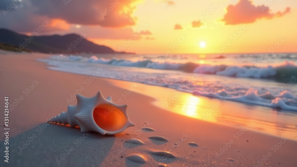 Seashell on Sandy Beach at Sunset, Golden Hour Coastal Scene with Gentle Waves Seashell on Sandy Beach at Sunset, Golden Hour Coastal Scene with Gentle Waves