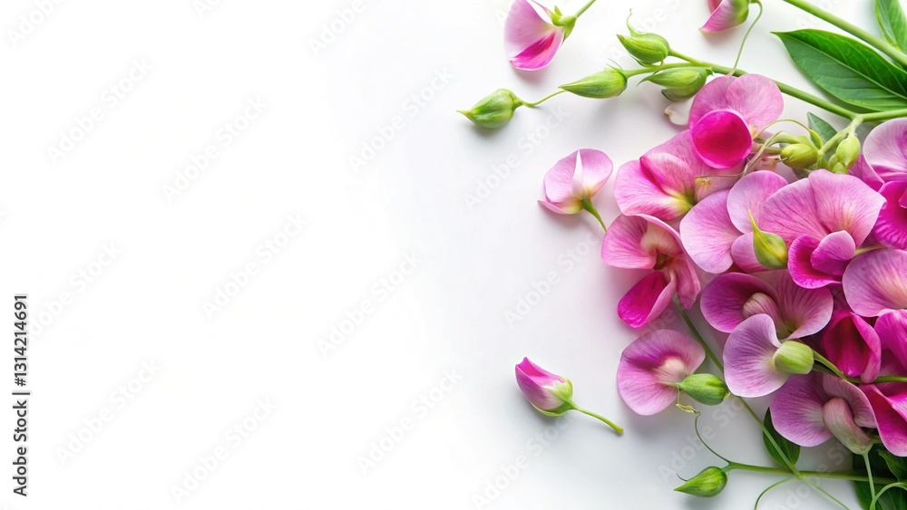 Fototapeta premium Luxurious Sweet Pea Flat Lay: Minimalist Floral Design with Copy Space