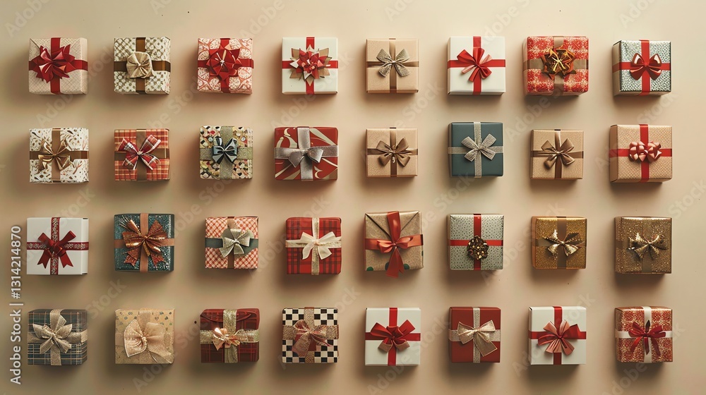 Obraz premium A flat lay of wrapped gifts with a variety of patterns and colors against a light beige background.