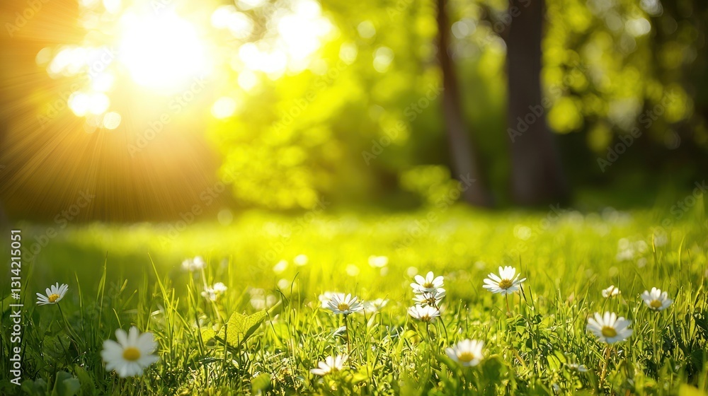 Fototapeta premium A sun-drenched field with fresh green grass, wildflowers, and trees just beginning to bud.