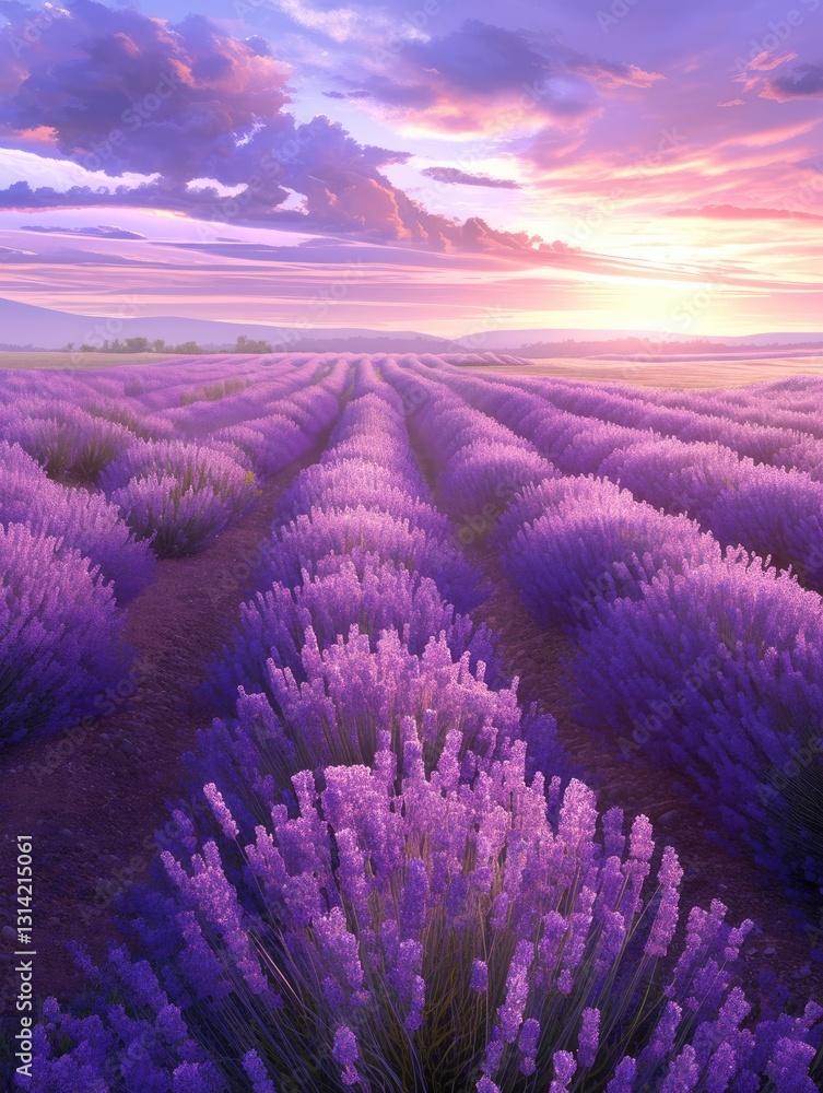 Fototapeta premium Rows of purple flowers in a field under a sunset sky