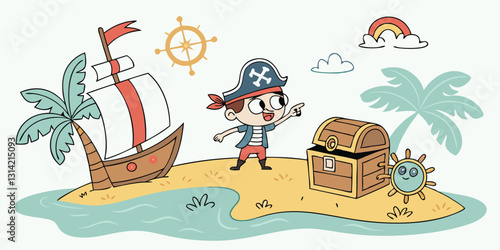 Cute Pirate Adventure Vector Set – Kids Treasure Island, Ship, Captain, Sailors & Fun Icons