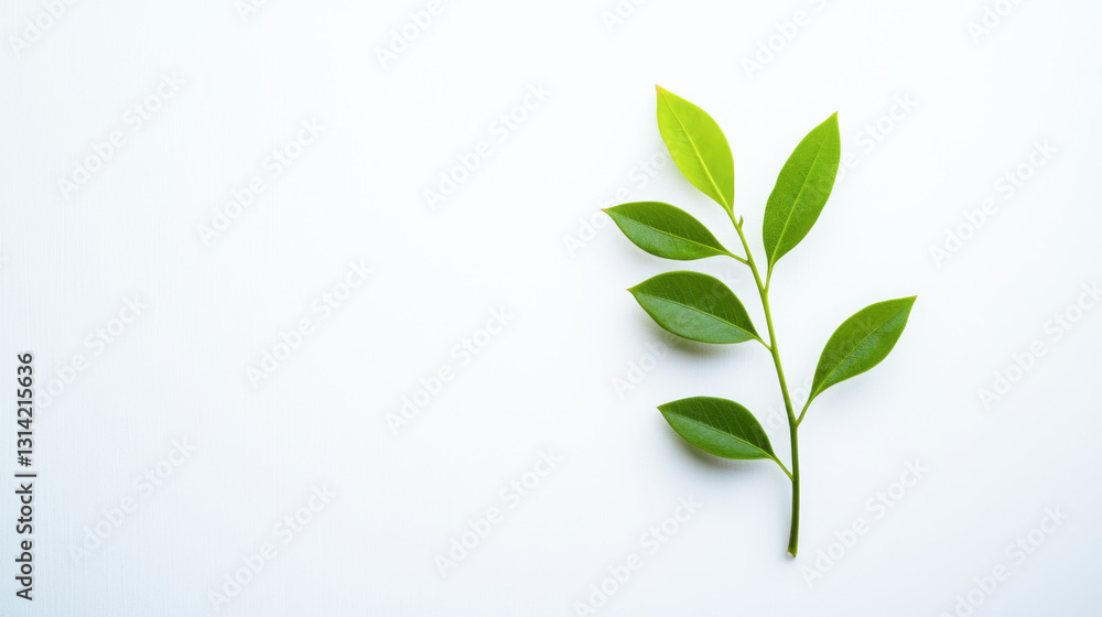 Fototapeta premium Minimalist green leaf branch on white background