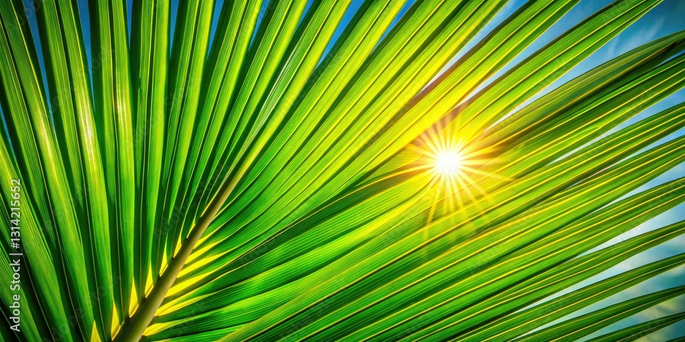 Obraz premium Sunlit palm leaf silhouettes paint a vibrant sunset backdrop, creating a tropical paradise scene.