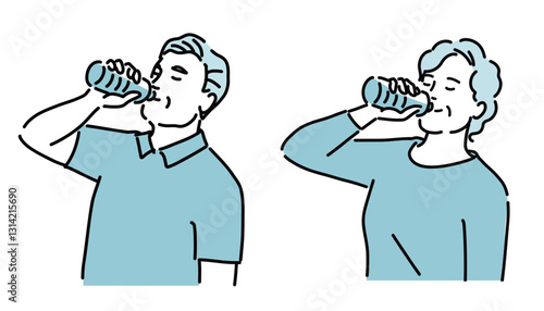 熱中症予防でペットボトルに入った水を飲む健康的なシニアの男女のイラスト