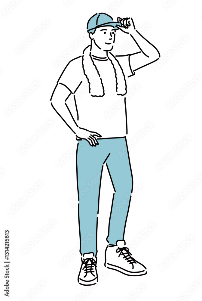 熱中症対策で帽子をかぶって立っている健康的な男性のイラスト 熱中症対策で帽子をかぶって立っている健康的な男性のイラスト