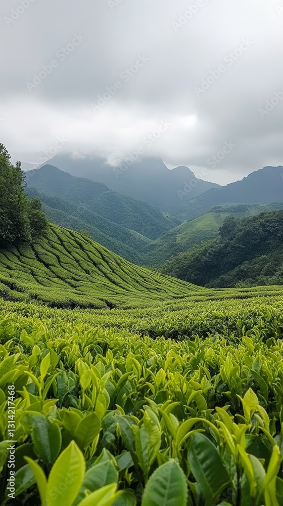 Fototapeta premium Lush Green Tea Plantation Landscape: A Verdant Tapestry of Rolling Hills and Misty Mountains, Cultivated Fields, and Natural Beauty