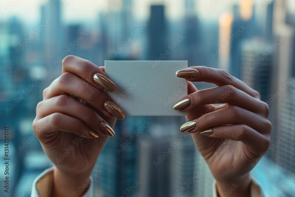 Woman's hands with gold nails hold a blank white card against a city backdrop. Woman's hands with gold nails hold a blank white card against a city backdrop.