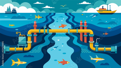 Deep beneath the waves a network of pipelines spans the ocean delivering precious oil to fuel the worlds energy needs.. Vector illustration