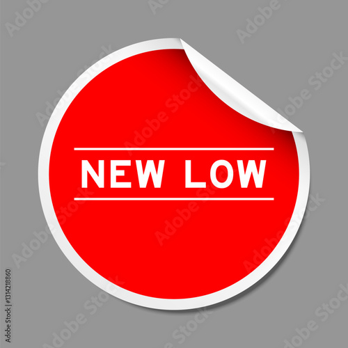 Red color peel sticker label with word new low on gray background