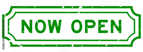 Grunge green now open word rubber seal stamp on white background