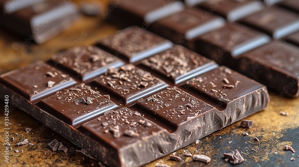 Delicious dark chocolate squares arranged on a rustic surface ready for tasting Delicious dark chocolate squares arranged on a rustic surface ready for tasting