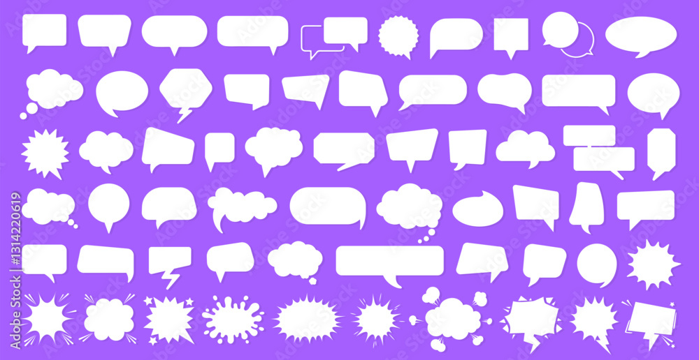 Fototapeta premium Cartoon silhouette of speech bubble, comic message box or quote paper frame, text or chat balloon icon, retro cloud information sticker and dialogue communication idea symbol for social media business