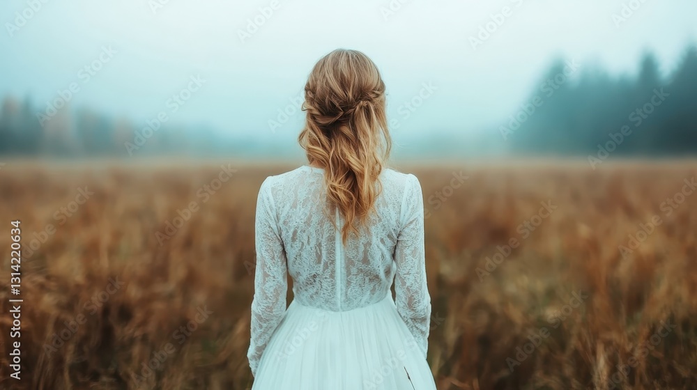 A woman in a flowing white dress stands with her back to the camera, gazing over a misty field, evoking a sense of mystery, freedom, and introspection in nature. A woman in a flowing white dress stands with her back to the camera, gazing over a misty field, evoking a sense of mystery, freedom, and introspection in nature.