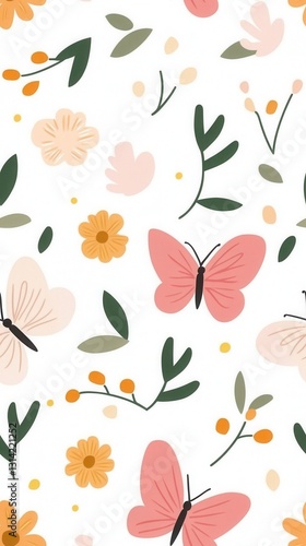 Wallpaper Mural A white background with pink and orange flowers creating a bright and playful atmosphere with dancing butterflies nearby Torontodigital.ca