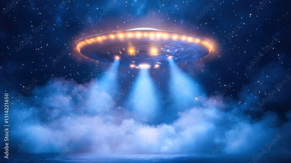 Mysterious ufo illuminates night sky with bright lights and stars Mysterious ufo illuminates night sky with bright lights and stars
