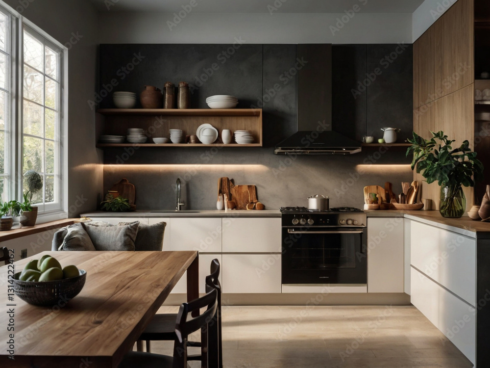 Fototapeta premium : Minimalist Modern Kitchen Interior with Warm Lighting and Sleek Design