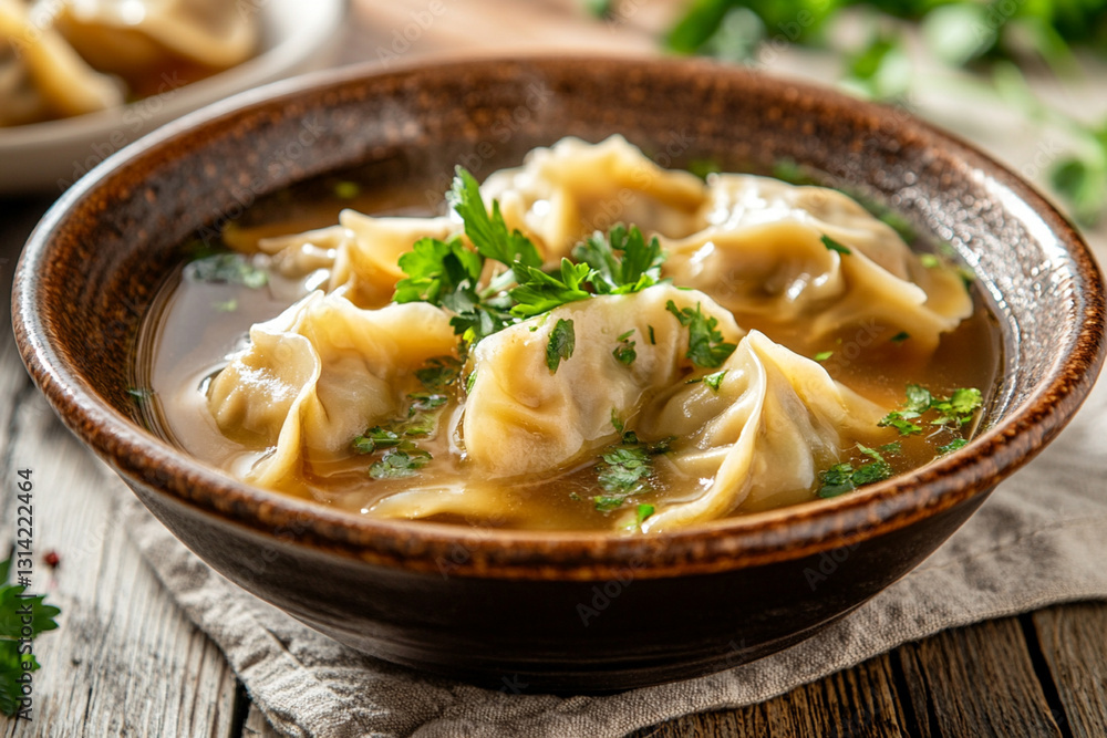 A portion of wonton with a fragrant broth, garnished with herbs and served in a ceramic bowl A portion of wonton with a fragrant broth, garnished with herbs and served in a ceramic bowl