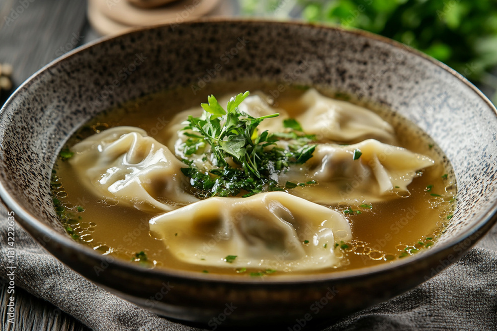 A portion of wonton with a fragrant broth, garnished with herbs and served in a ceramic bowl A portion of wonton with a fragrant broth, garnished with herbs and served in a ceramic bowl