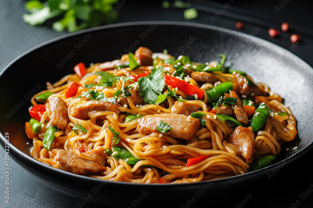 Classic Chinese dish - fried noodles with vegetables, meat and herbs Classic Chinese dish - fried noodles with vegetables, meat and herbs