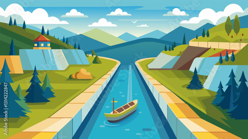 The hydropower canal serves as not only a source of renewable energy but also a popular recreational spot with locals enjoying boating and fishing. Vector illustration