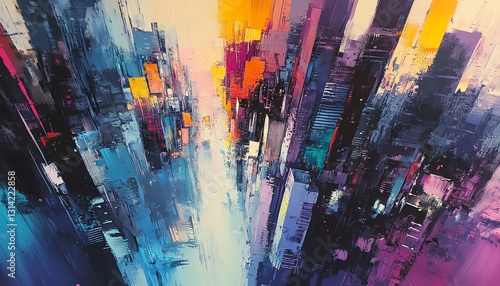 Abstract cityscape painting. Vibrant colors and dynamic brushstrokes depict a futuristic city from a unique perspective. Ideal for modern interiors and urban themes.