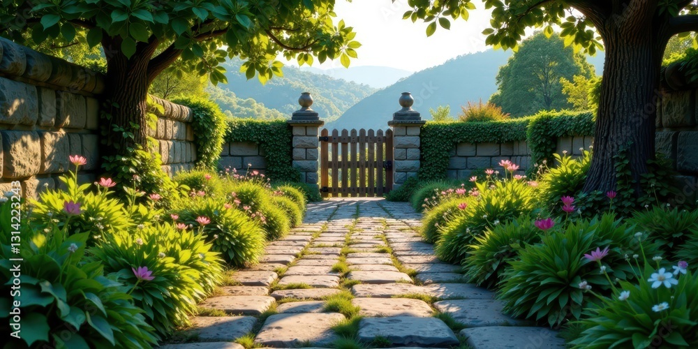 Obraz premium Serene Garden Pathway Leading to Wooden Gate with Stone Walls and Lush Blooming Flowers