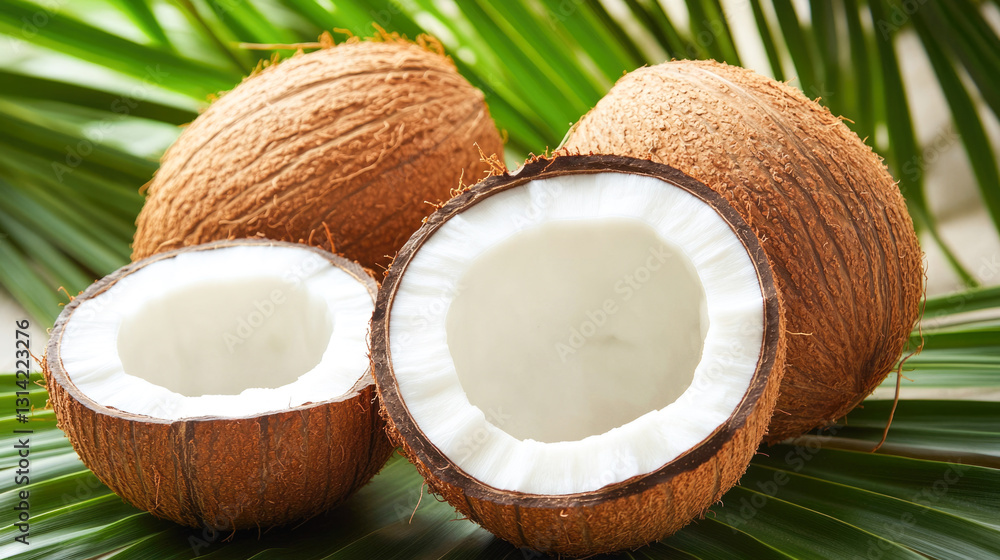 Brown coconuts split open on green palm leaves displaying fresh white flesh Brown coconuts split open on green palm leaves displaying fresh white flesh