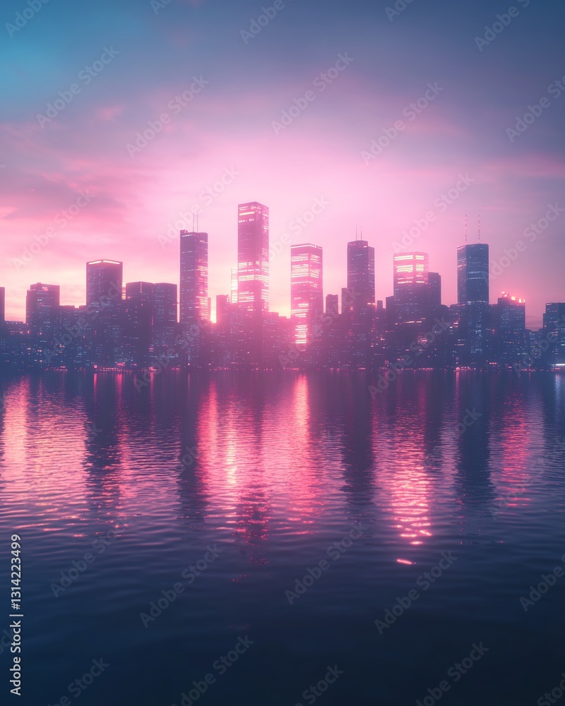 Fototapeta premium glowing neon city skyline reflected on water in cyberpunk style