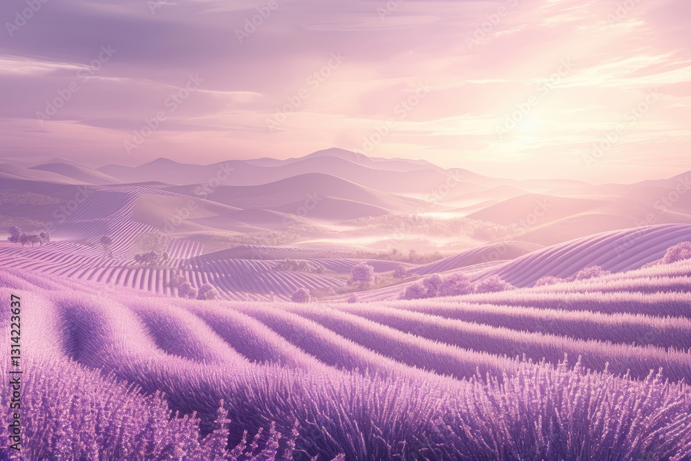 Naklejka premium A scenic view of lavender fields on rolling hills at dawn