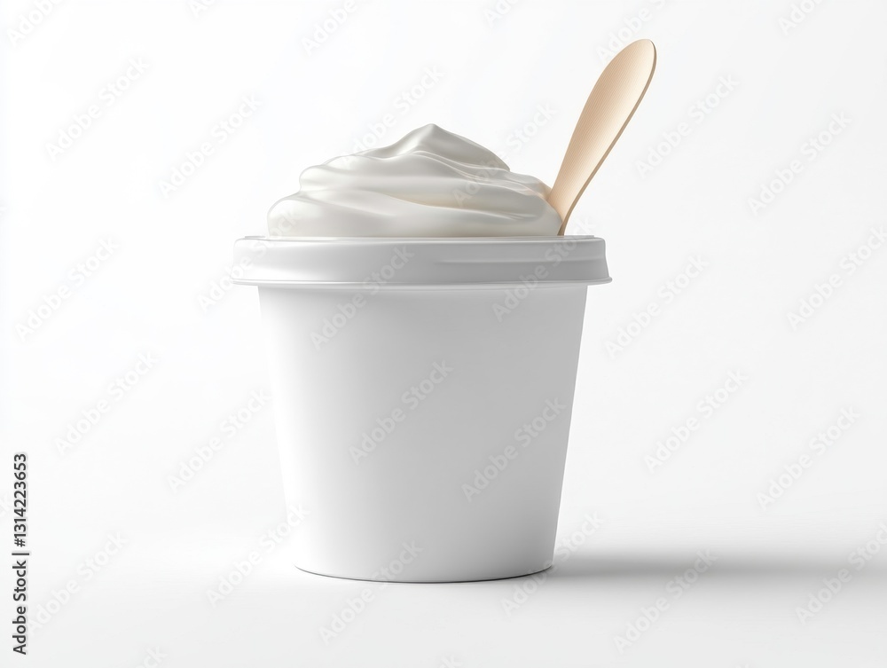 Simple white cup filled with creamy dessert topped with a spoon Simple white cup filled with creamy dessert topped with a spoon