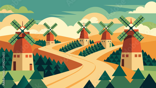 Rows of traditional windmills line the countryside their elegant design a testament to their centuriesold purpose.. Vector illustration