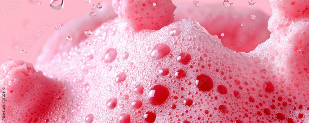 Pink Bubbles Foam with Droplets of Water Representing Cleanliness and Freshness in Close up View Pink Bubbles Foam with Droplets of Water Representing Cleanliness and Freshness in Close up View