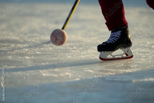 Close-up of a bandy ball on a frozen lake with a player wearing ice skates getting ready for the face-off