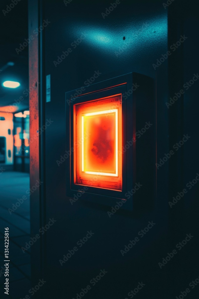 Neon square in dark hallway Neon square in dark hallway