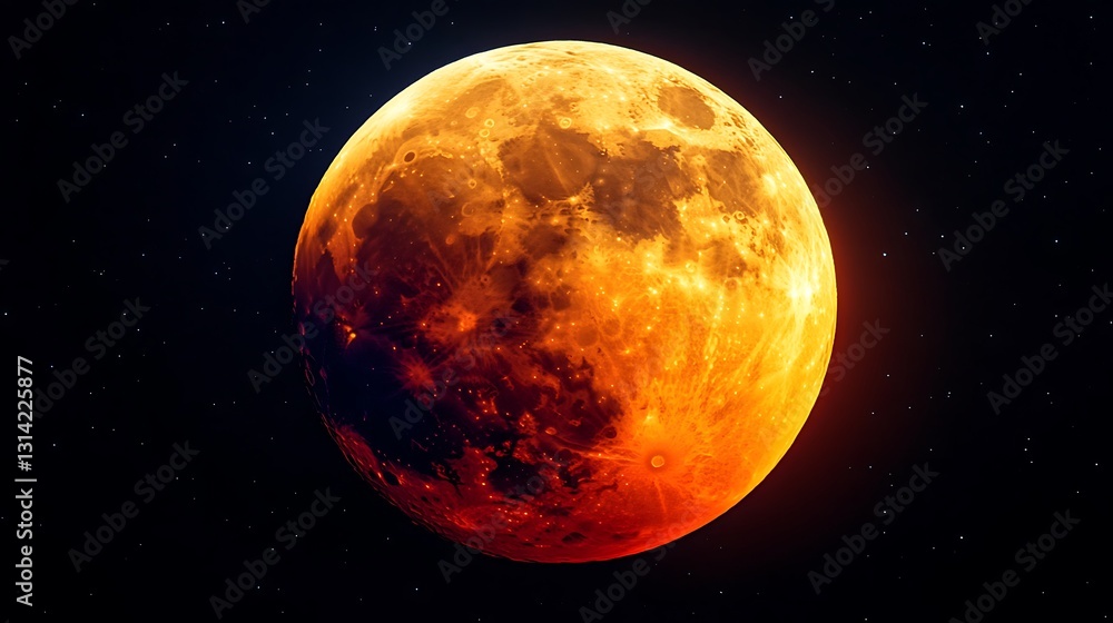 A fiery orange full moon dominates the night sky, surrounded by twinkling stars. A fiery orange full moon dominates the night sky, surrounded by twinkling stars.