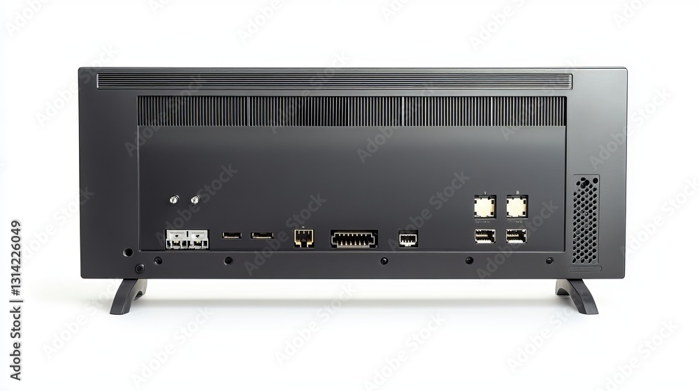 A rear view of an LCD television, showcasing its empty connectors and ports, isolated on a white background A rear view of an LCD television, showcasing its empty connectors and ports, isolated on a white background