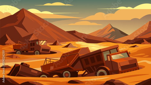 The rusted hulks of abandoned mining trucks pepper the landscape their engines silent and their wheels sunk into the ground.. Vector illustration