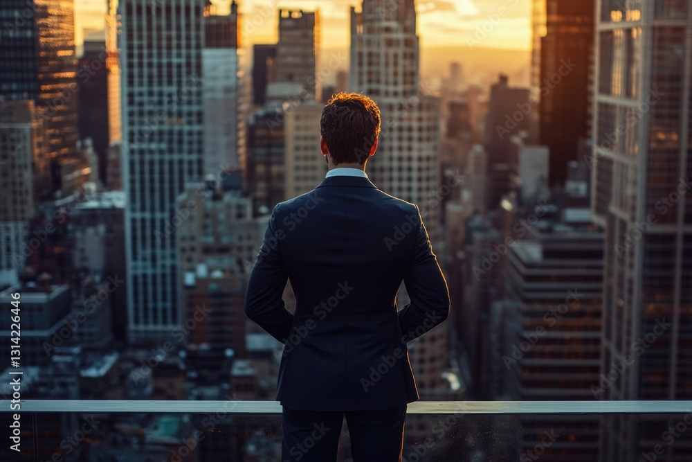 A businessman in a suit stands on a rooftop overlooking a city skyline at sunset, contemplating the future. A businessman in a suit stands on a rooftop overlooking a city skyline at sunset, contemplating the future.