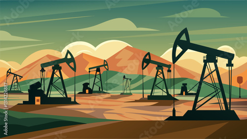 Against a backdrop of rolling hills a network of shiny oil pump jacks stand tall like metallic soldiers silently ing the oil from the earth.. Vector illustration