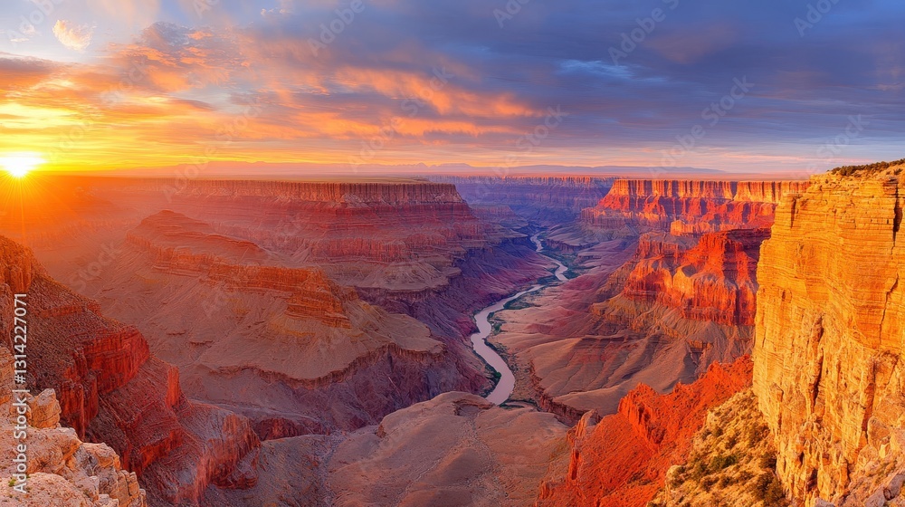 Fototapeta premium Stunning canyon landscape at sunset, vibrant colors reflecting off cliffs, serene atmosphere for nature appreciation.