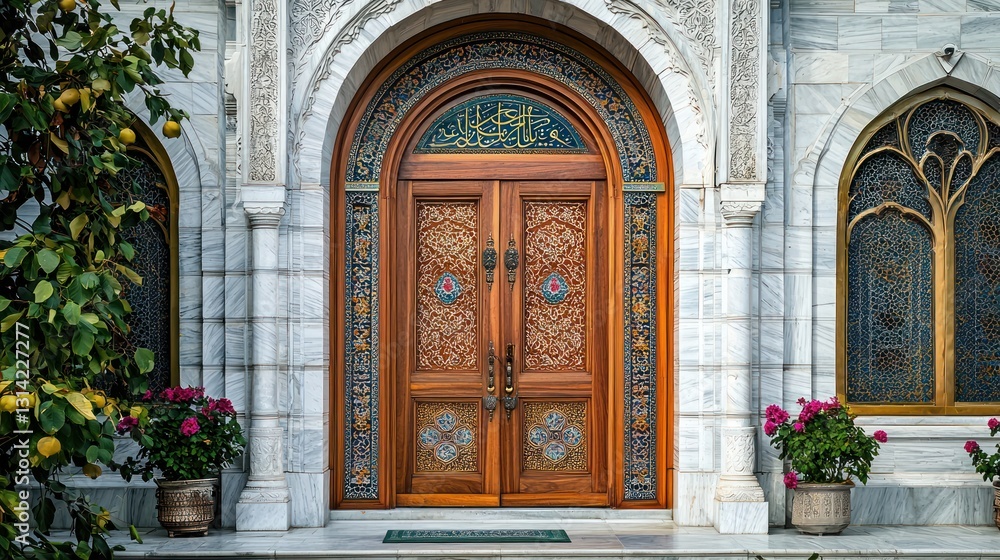 Obraz premium An ornate wooden door with Islamic patterns and Ramadan decorations.