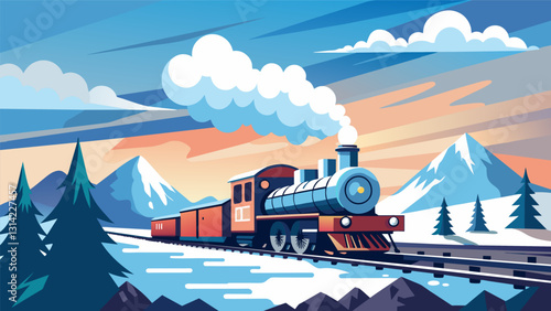 Steam billows up from the trains engine as it chugs through a chilly winter morning bound for its next destination.. Vector illustration