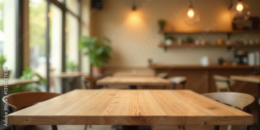 A light-toned wooden table in a cafe setting, showcasing a minimalist design and inviting atmosphere A light-toned wooden table in a cafe setting, showcasing a minimalist design and inviting atmosphere