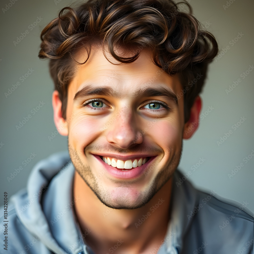 Close-up of a cheerful man with curly locks and green eyes in casual attire Close-up of a cheerful man with curly locks and green eyes in casual attire